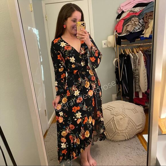 FARM Rio Brazil Black Floral Wrap Front Long Sleeve Maxi Dress Tropical XS - Picture 2 of 16